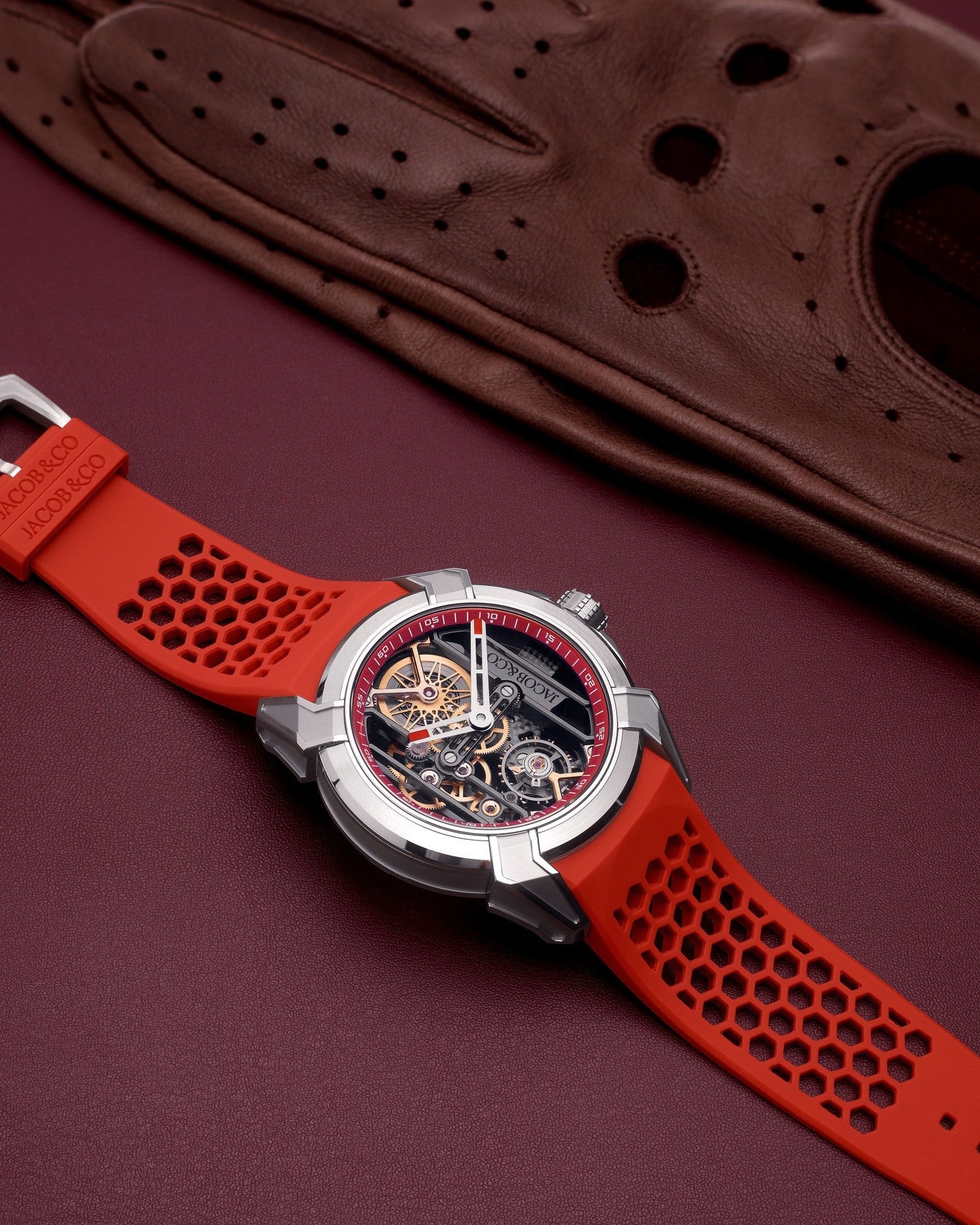 Limited Edition Jacob & Co. Epic X Skeleton watch with an orange rubber strap. (G00)