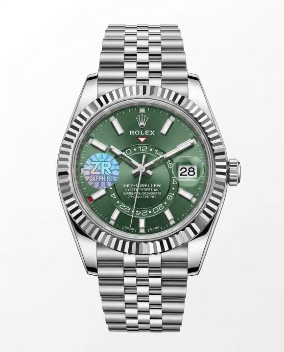 This Rolex Sky-Dweller features a distinctive mint green dial watch