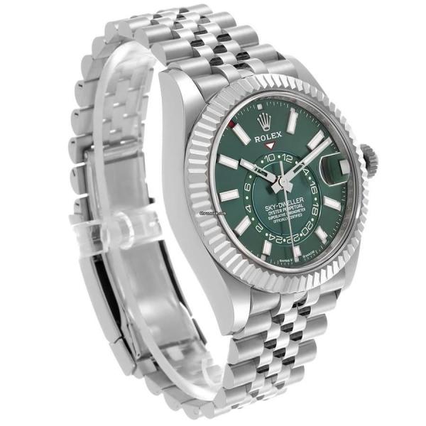 This Rolex Sky-Dweller features a distinctive mint green dial watch